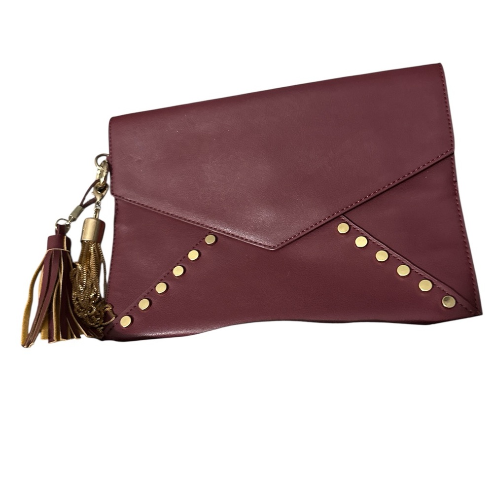 Trendy Boutique Maroon Clutch with Gold Studs and two tassel cute like new